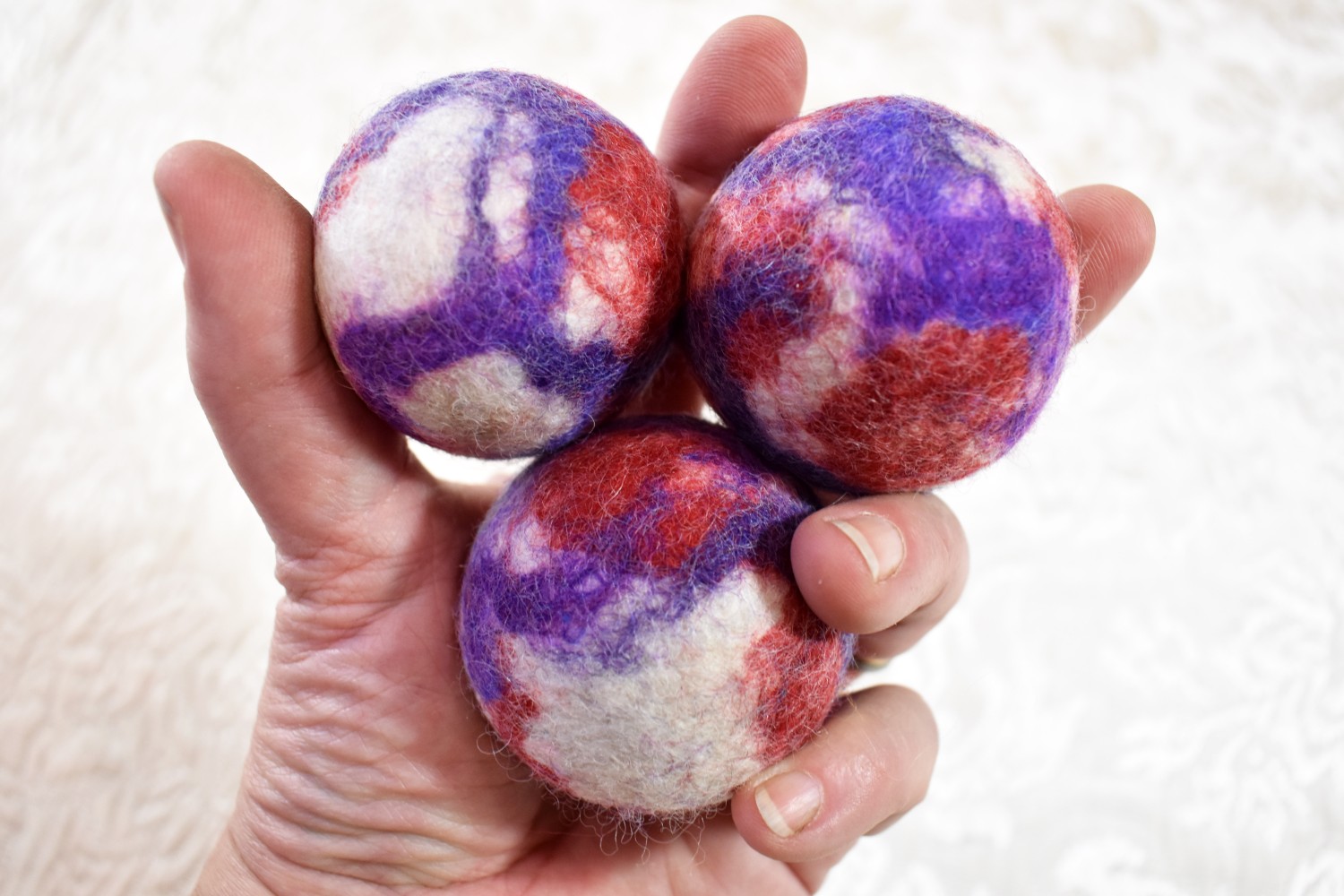 Juggling Balls,  hand felted in white, red, and purple (set of 3)