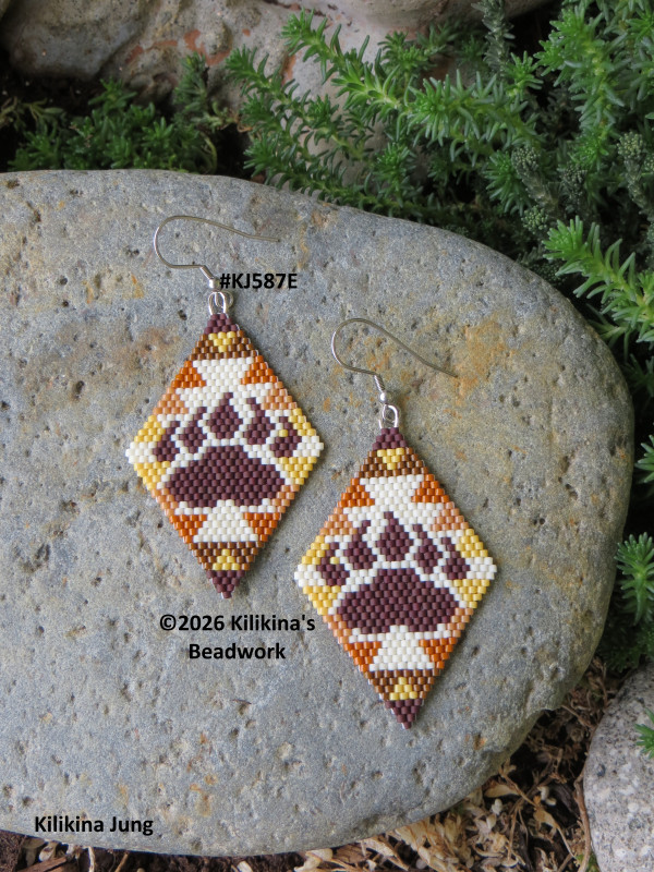 Bear Paw Print Earrings - Native American Style Beaded Bear Paw Earrings - Beaded Bear Paw Print with Navajo Rug Earrings - Navajo Rug Earrings - Beaded Navajo Rug Earrings - Made by Kilikina