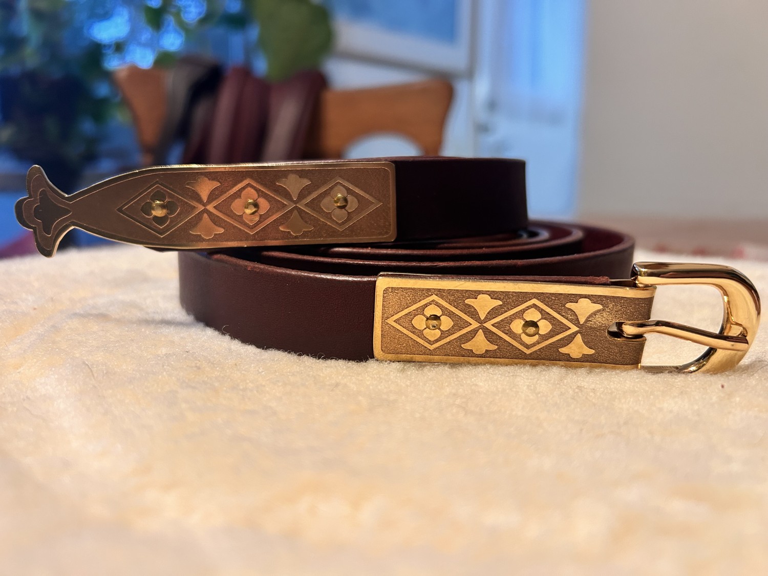 13th-14th Century latigo leather belt with etched brass fittings 77 inches long