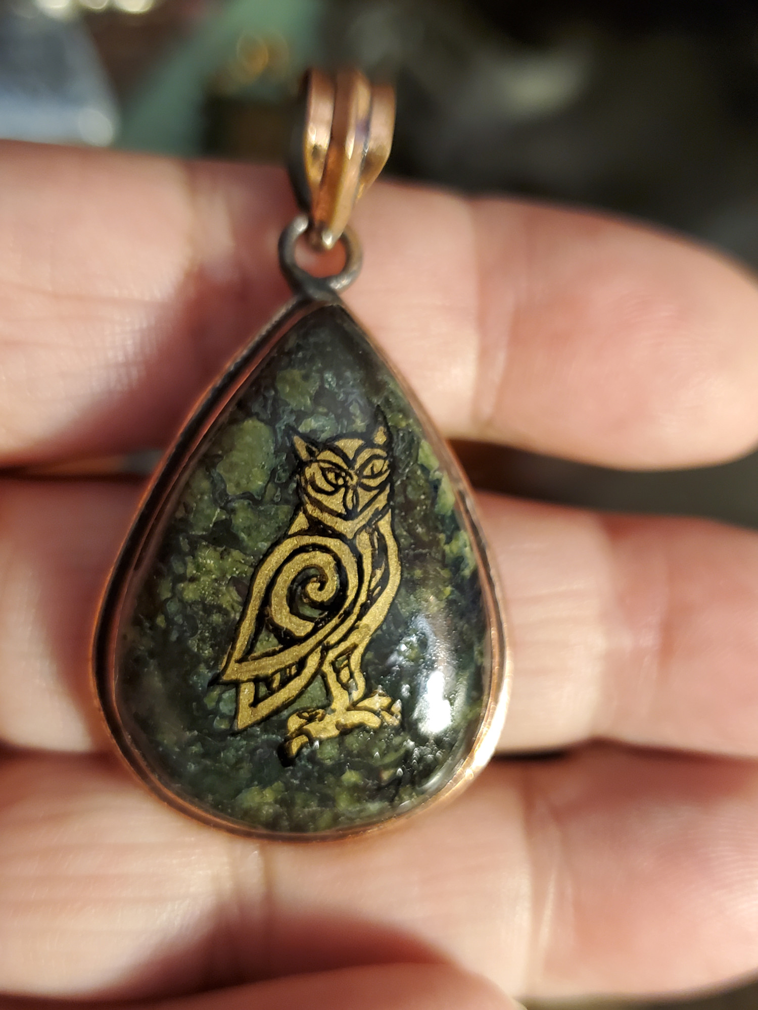 Celtic Owl Moss Agate Pendant