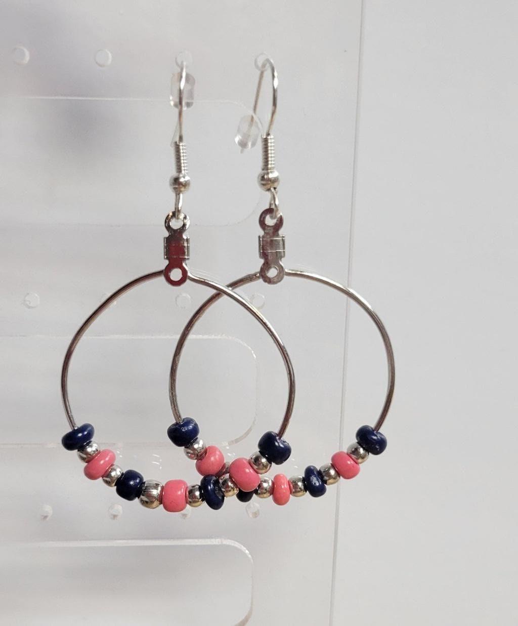 Handmade blue & pink glass bead hoop pierced earrings