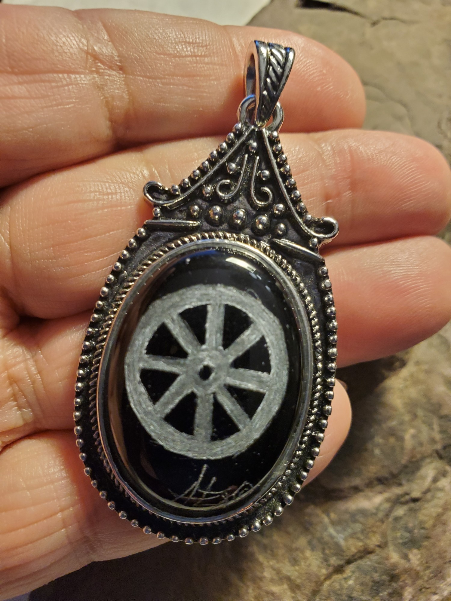 Silver Wheel Intaglio Onyx in Tibetan Silver