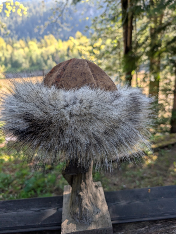 Leather and coyote fur hat, Cossack, Russian, Norse, Viking hat