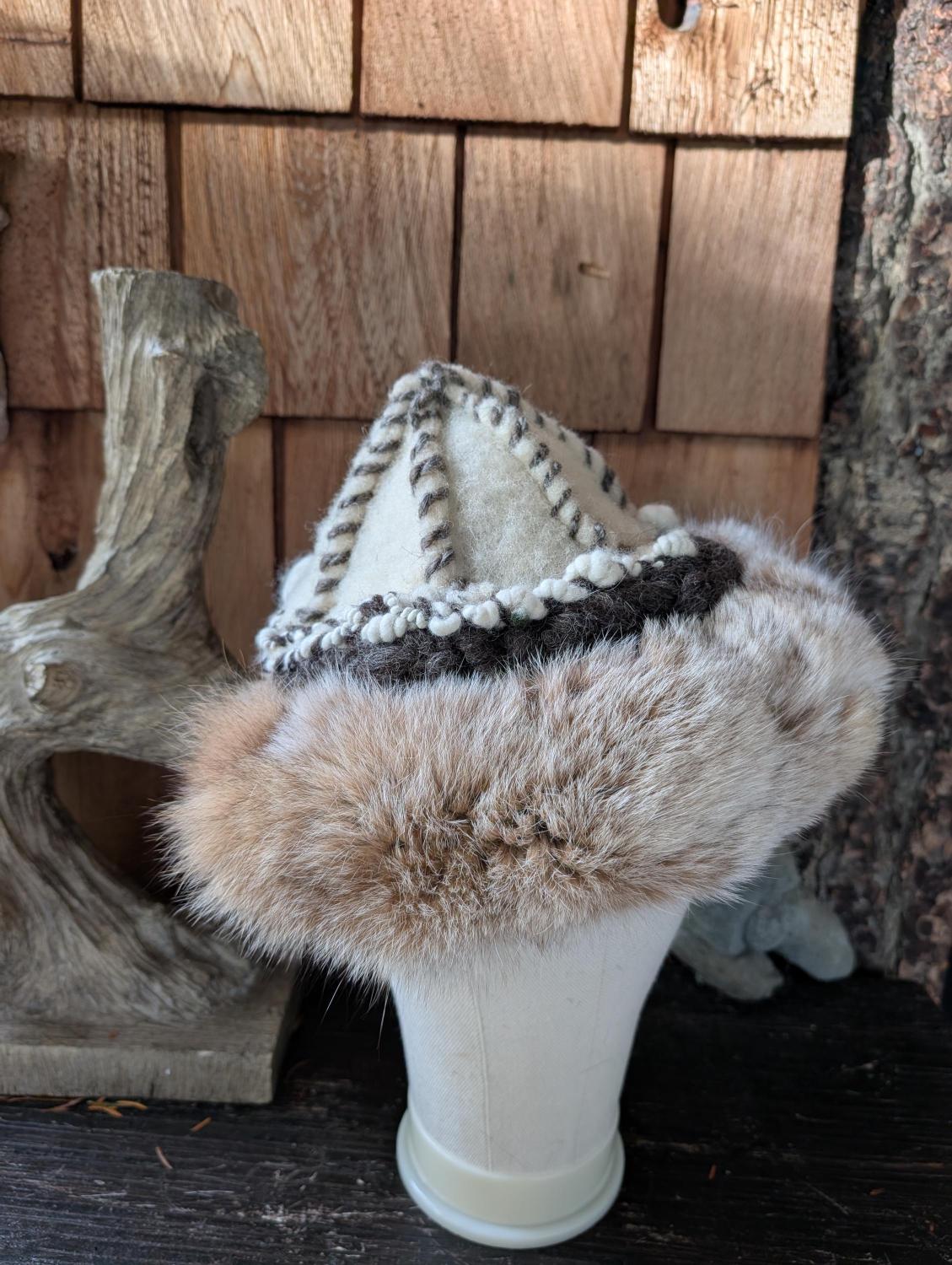 Mongolian, Cossack, Norse, Viking style hat with felted wool, reclaimed fur, embroidery