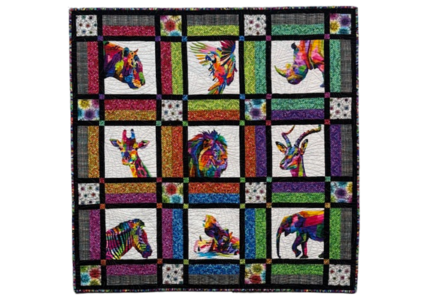 Wild Spectrum Quilt – Handmade Colorful Safari Animal Art Quilt, 49" Square Bright Rainbow Throw