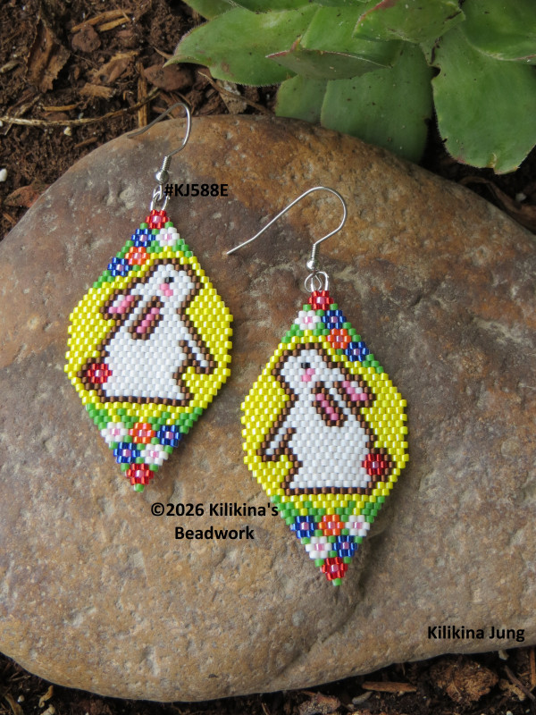 Rabbit Earrings - Flower Earrings - Beaded Rabbit Earrings - Beaded Flower Earrings - Beaded Easter Earrings - Beaded Spring Earrings Made by Kilikina