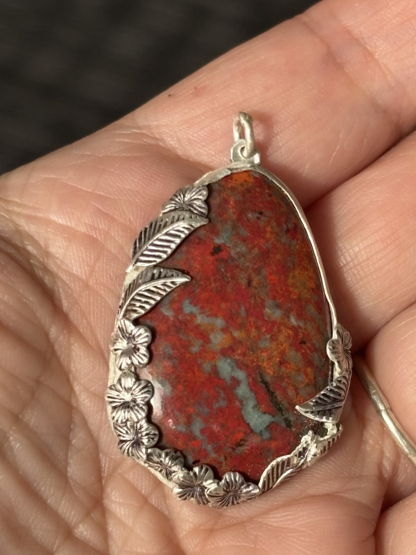 Sonoran Sunrise jasper lovebirds ON BACK floral sterling silver pendant necklace