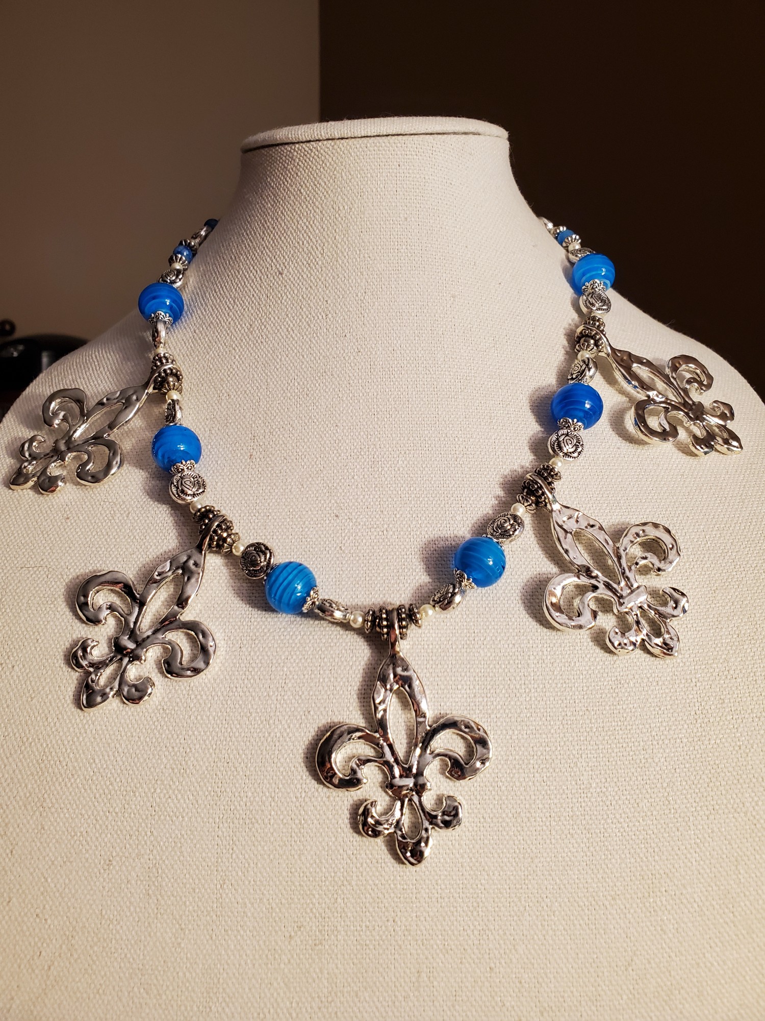 Fleur de Lis Lamp Work Ocean Blue Statement Necklace
