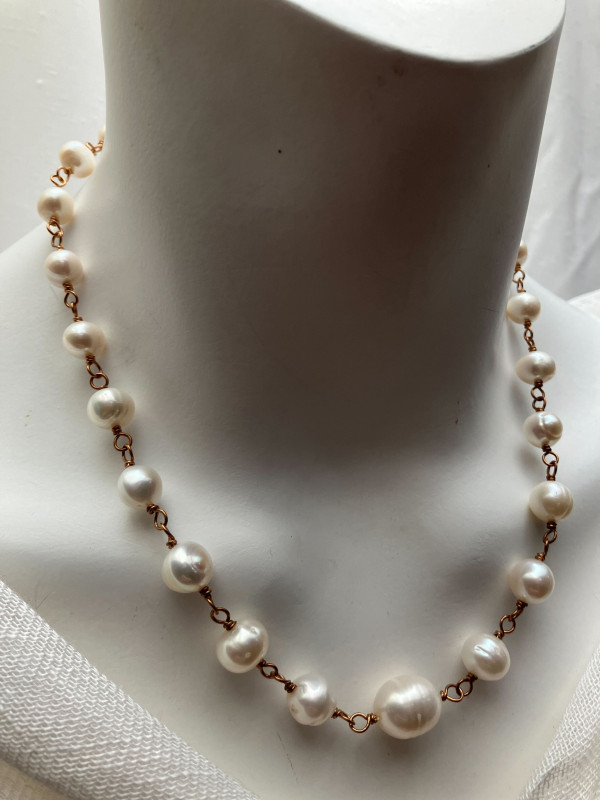 Freshwater Pearl & Bronze Ancient Roman Style Beaded Chain Necklace