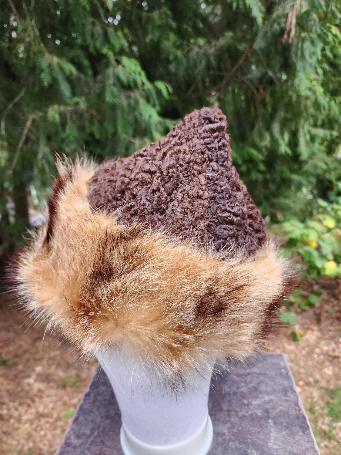 Mongolian, Russian, Norse, Viking style fur Persian lamb wool and racoon (RECLAIMED fur) hat
