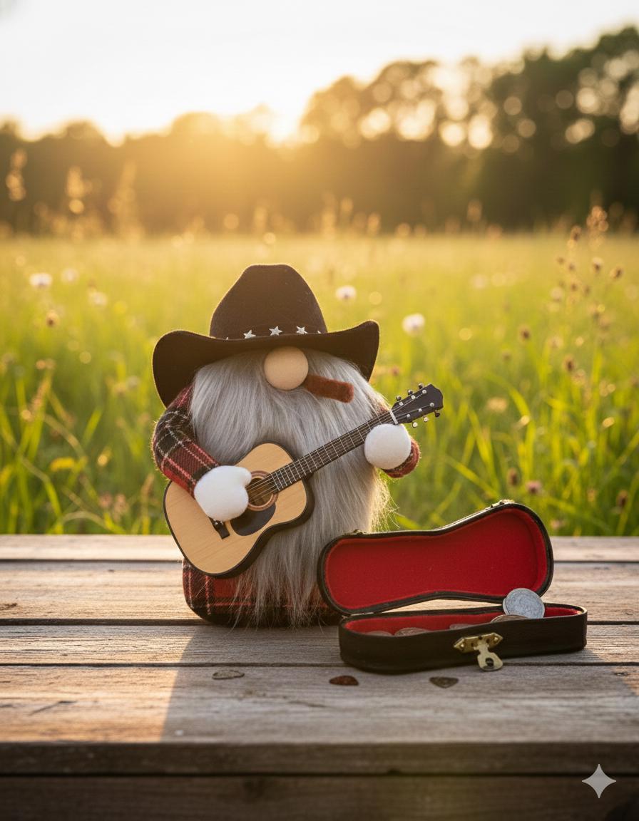 Cowboy Guitar Gnome: Cigar-Smoking Western Gonk, Shelf Sitter, custom order