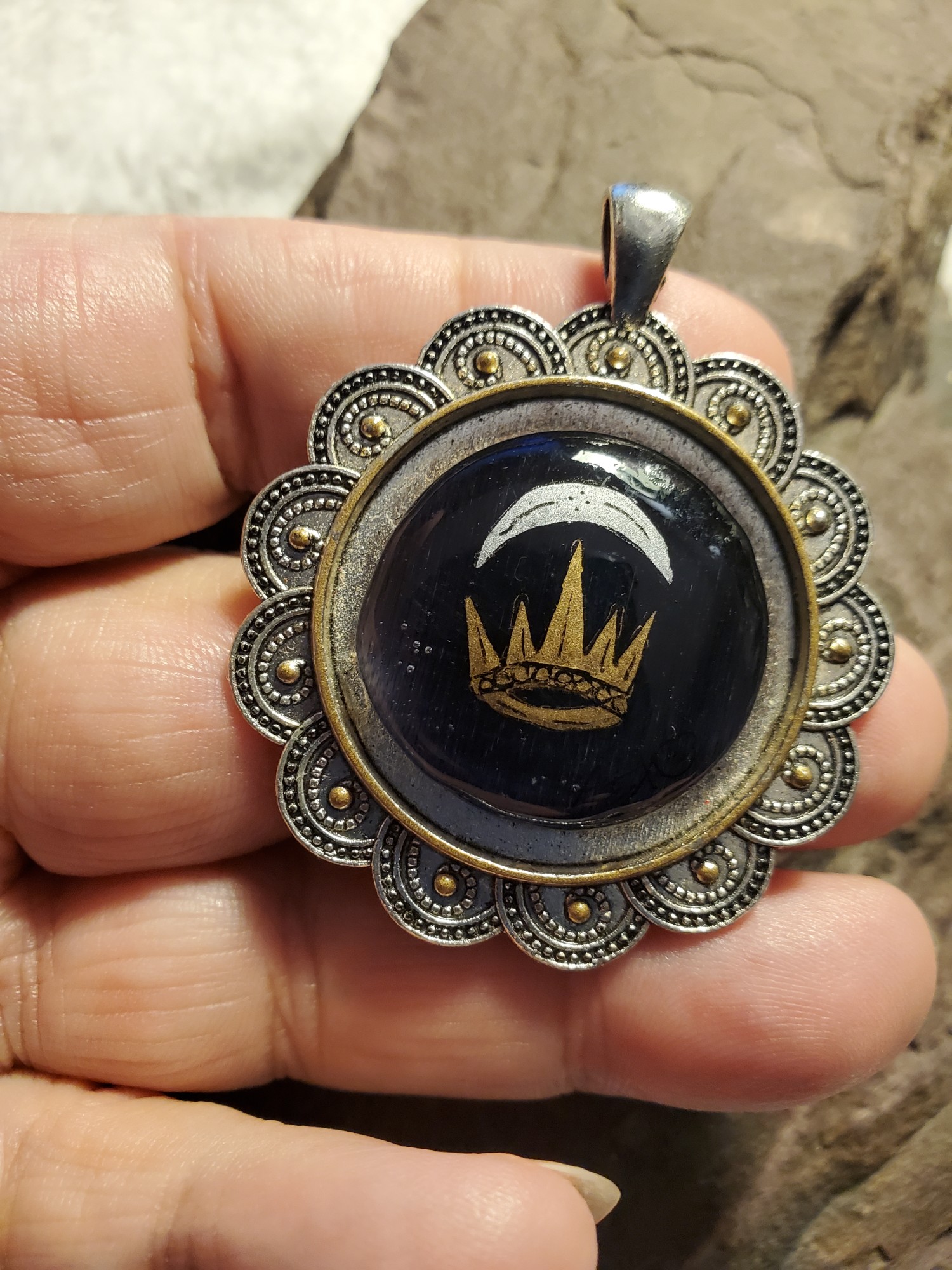 Silver Crescent East Kingdom , dark blue Glass in Tibetan Silver