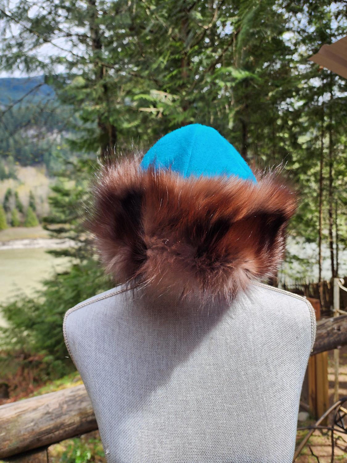 Turquoise Suede, Cossack, Viking, Russian Style Hat, Reclaimed Fox Fur