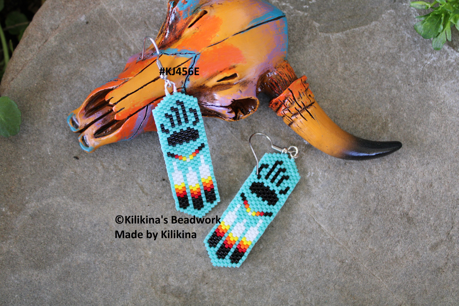 Bear Paw Print Earrings - Native American Style Beaded Bear Paw Earrings - Bear Paw Print with Feather Earrings - Made by Kilikina