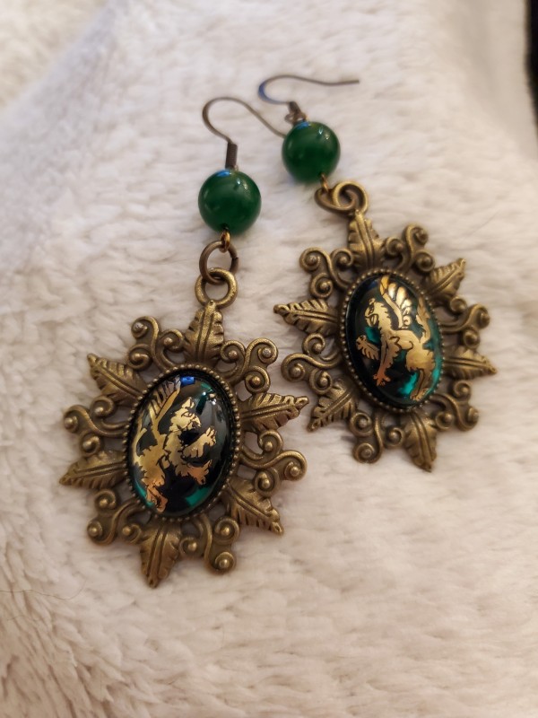 Gryphon Bronze Gold Leaf Enamel Ear Rings