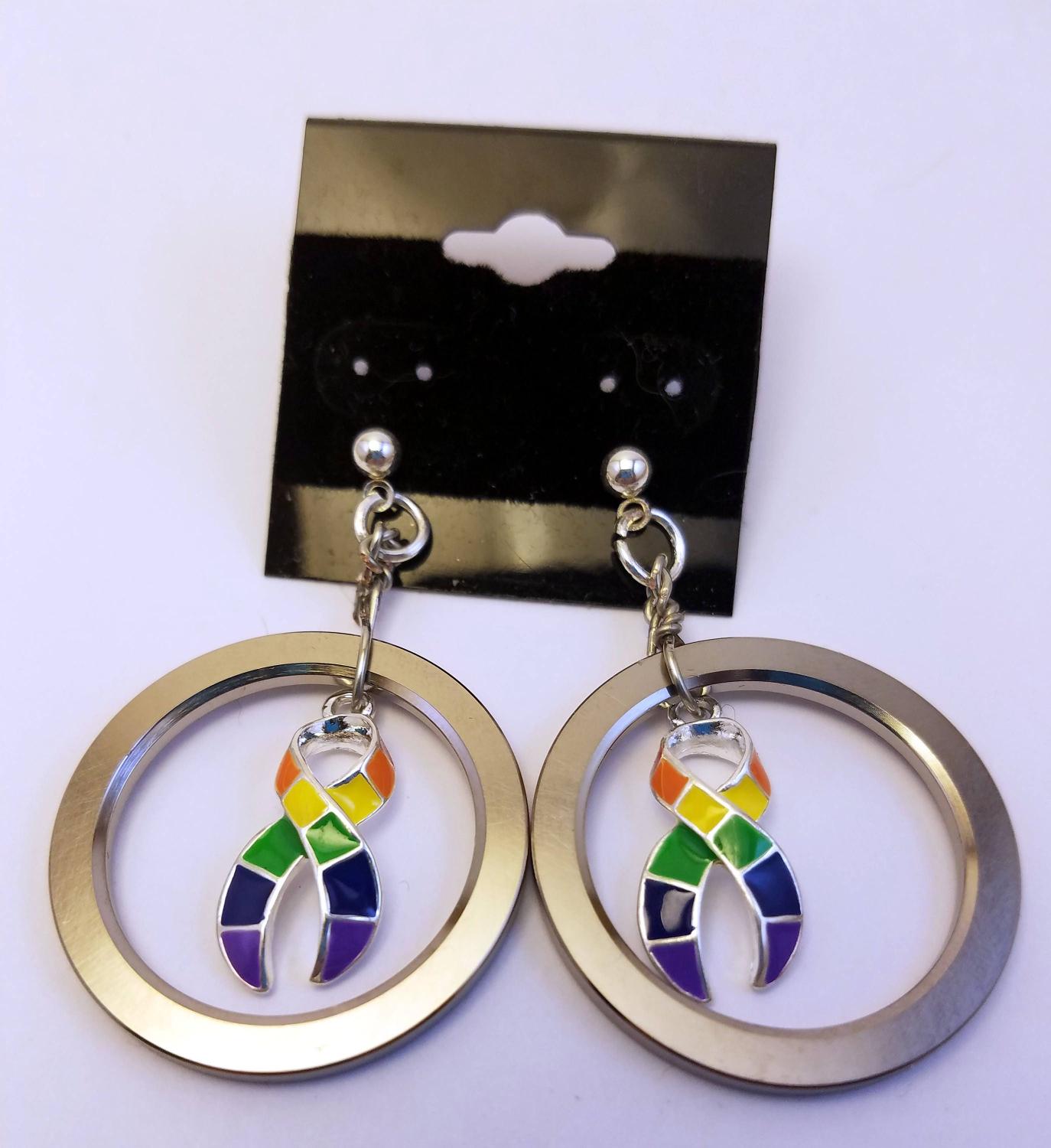Pride ribbon computer hard drive spindle earrings