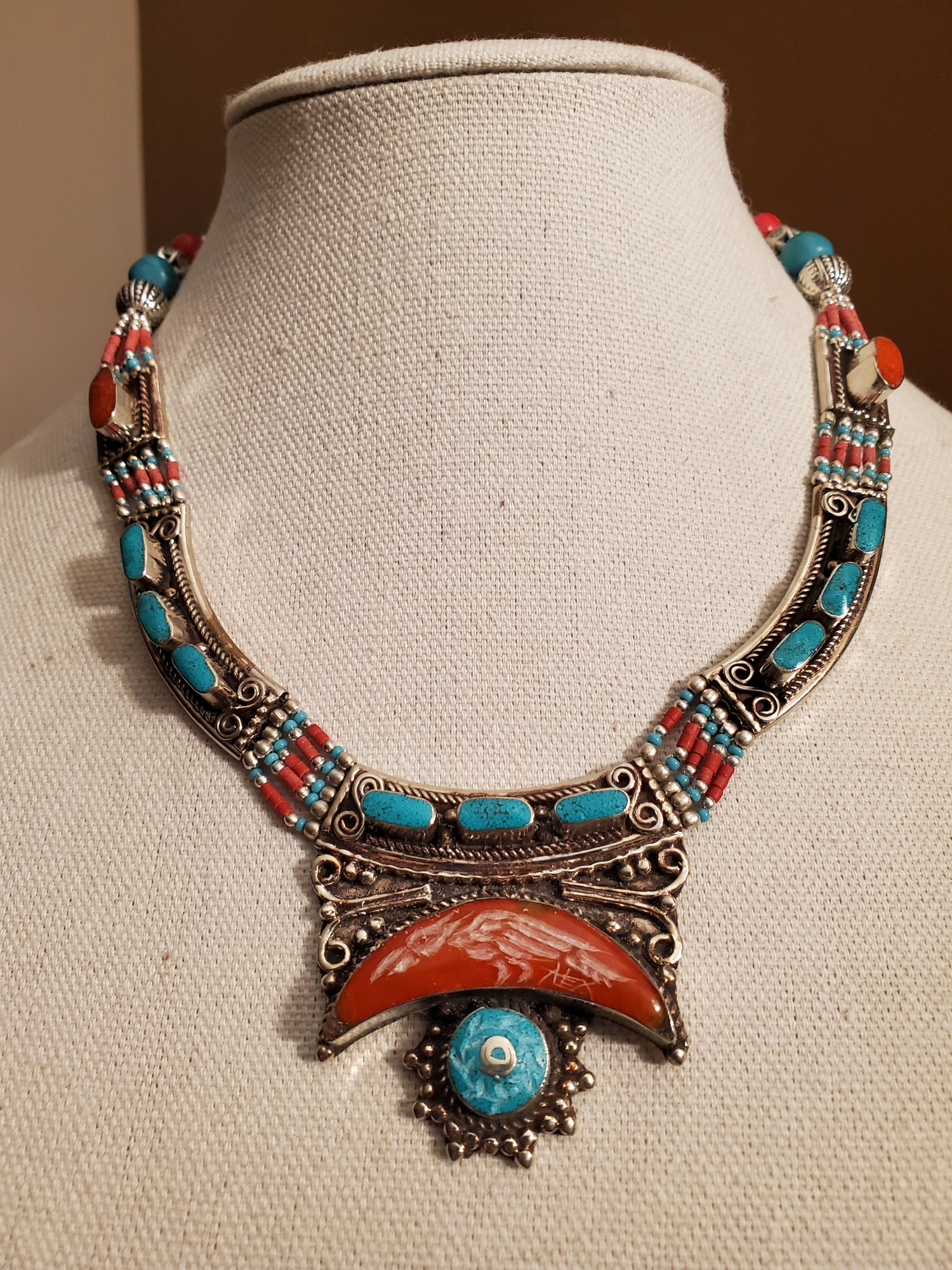 Raven Laurel  Intaglio Tibetan Coral Statement Necklace