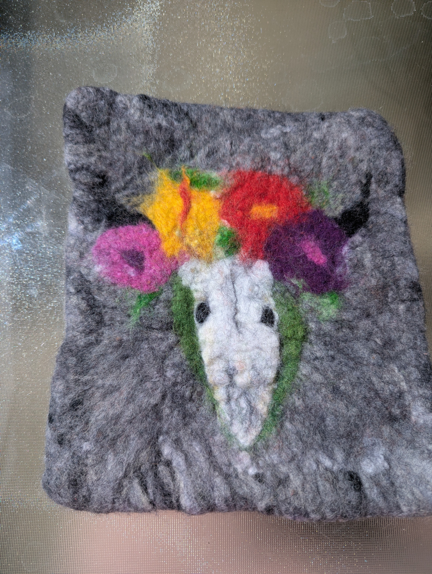 Skull and Flowers Two Sided Felted wool Hot pad trivet