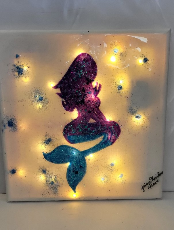 Hand crafted handpainted mermaid crushed glass and glitter resin canvas