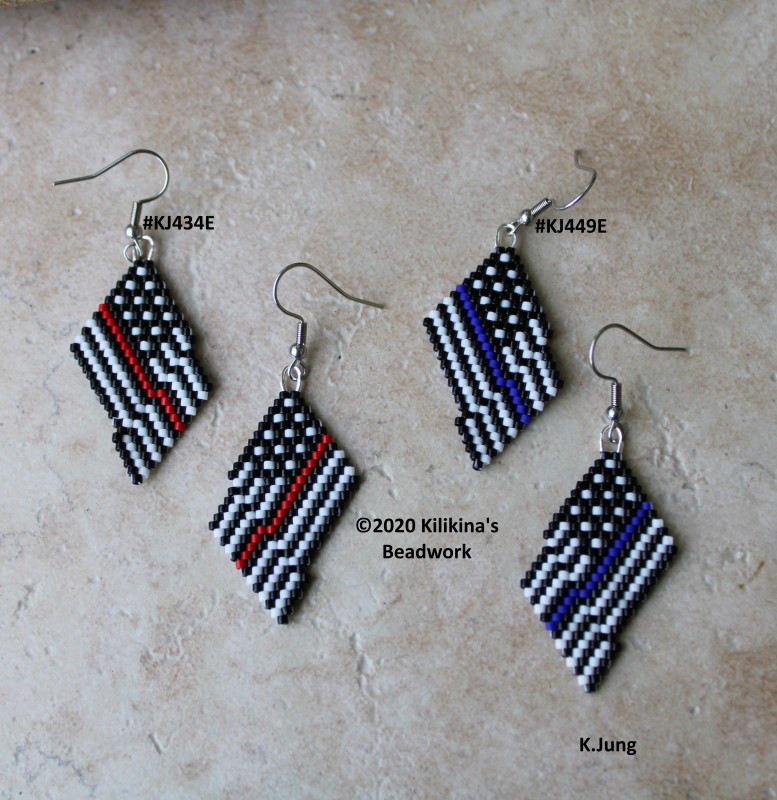 Blue Line Law Enforcement Support Earrings - Beaded Blue Line Earrings - Red Line Firefighter Support Earrings - Red Line Earrings - Seed Bead Earrings - Beaded Earrings Made by Kilikina