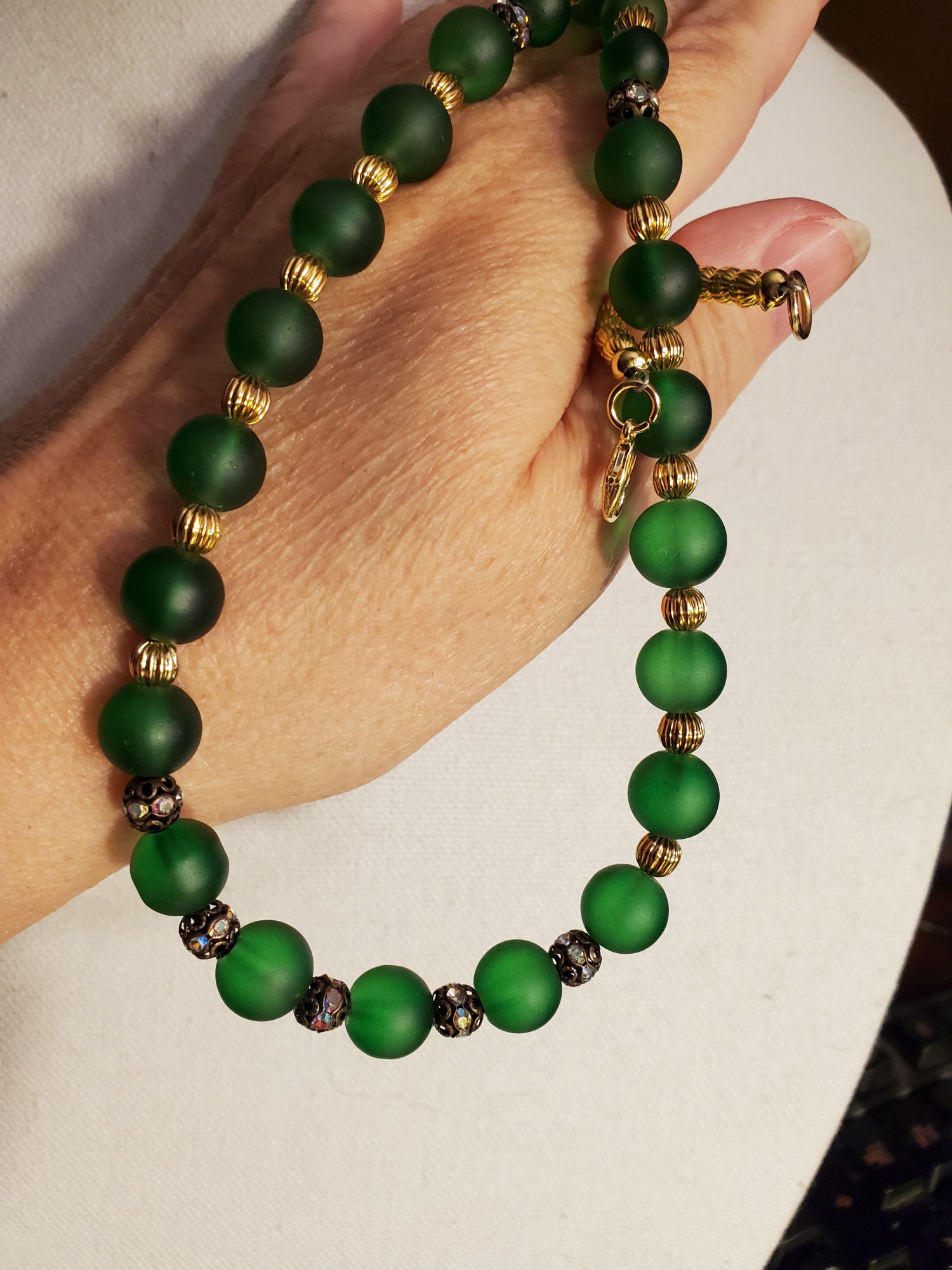 Aurora Green Glass and Rainbow Rhinestones Necklace