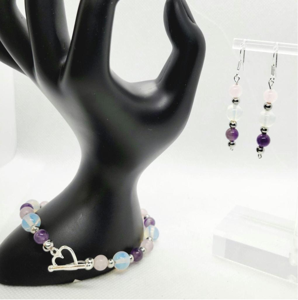 Natural Gemstone rose quartz amethyst opalite bracelet & earrings set