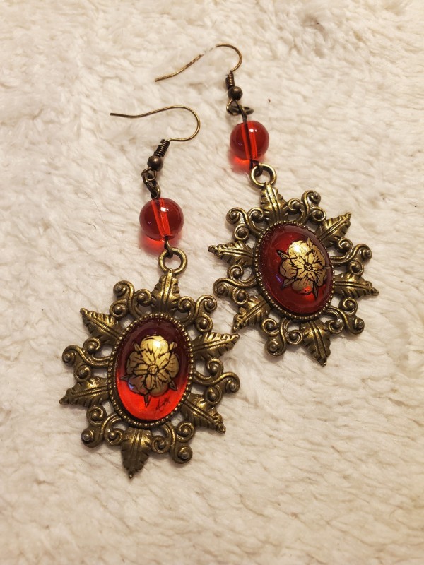 Rose Red Murano Glass in Bronze Ear Rings
