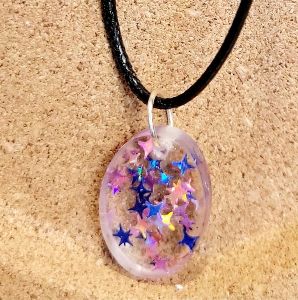 Starry Resin Oval Pendant Corded Necklace