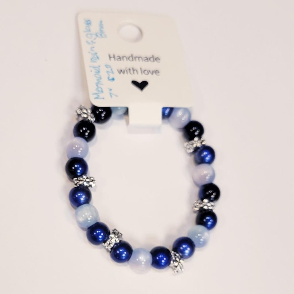 Mermaid Resin & Glass Beaded Silver Flower Spacers 7" Bracelet