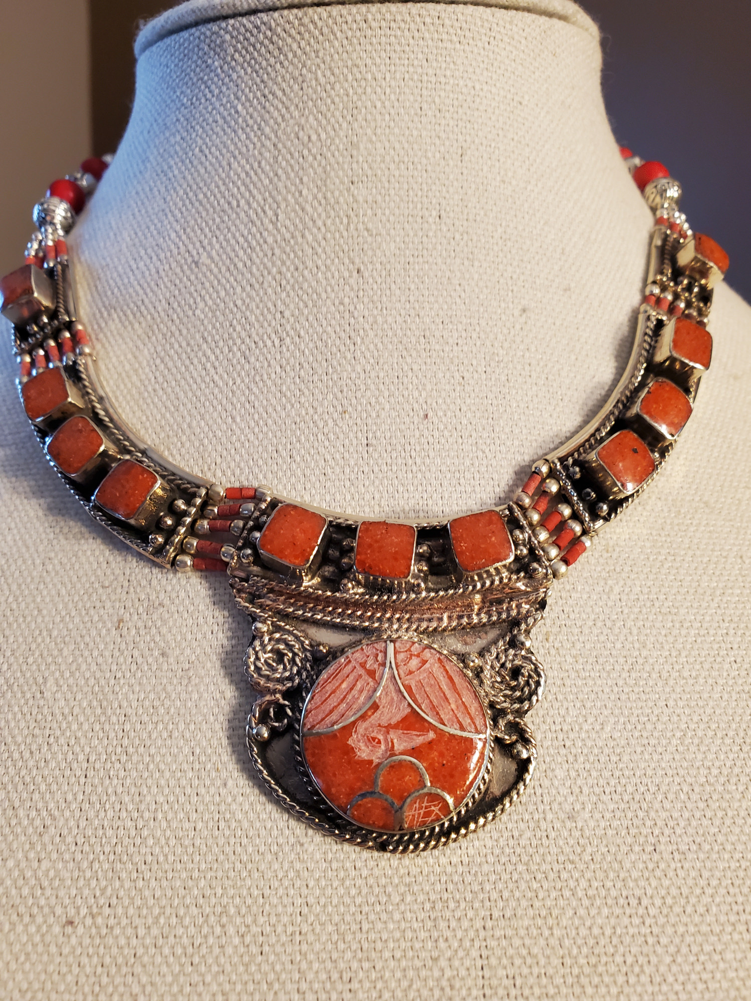 Pelican Intaglio Tibetan Coral Statement Necklace