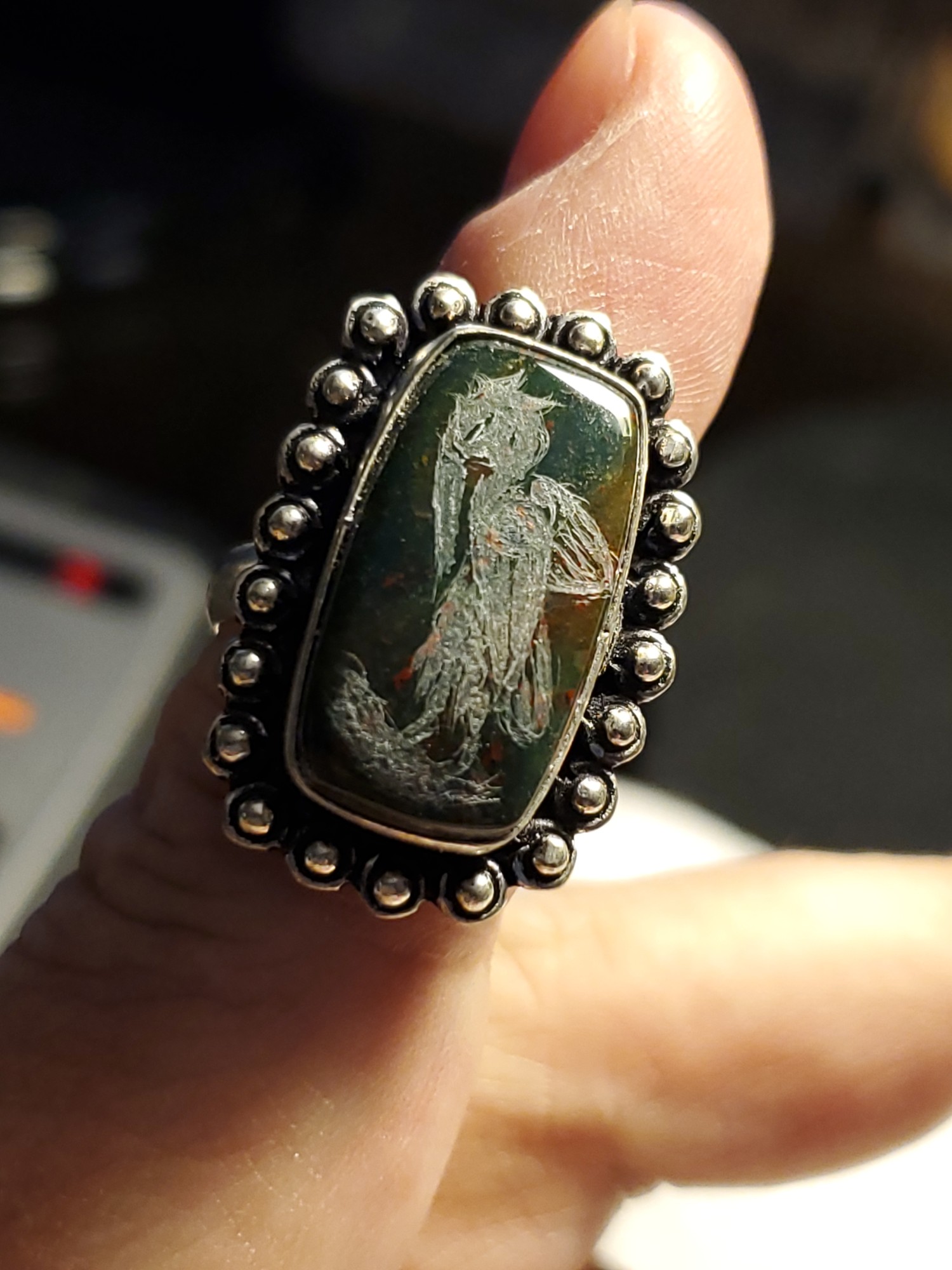 Pelican Intaglio Ring Dragonblood Sterling Silver 8