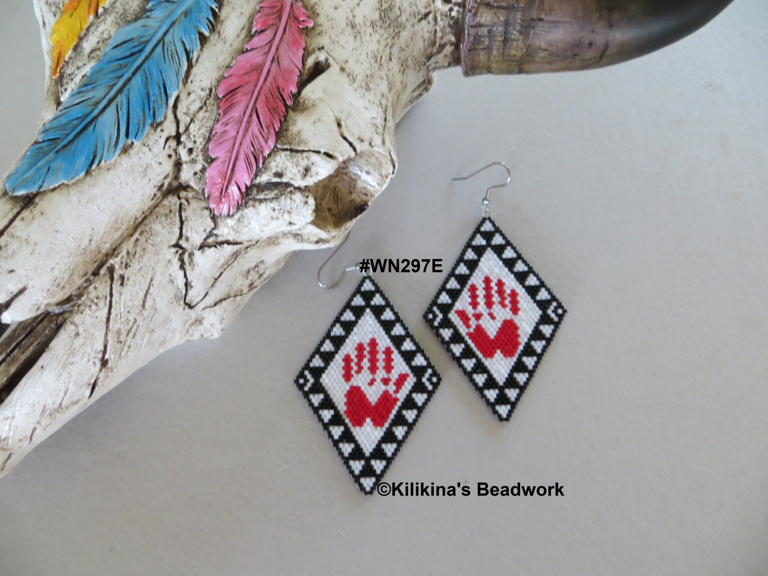 MMIW Red Hand Earrings - MMIW Red Hand Beaded Earrings - Navajo Rug Beaded Earrings