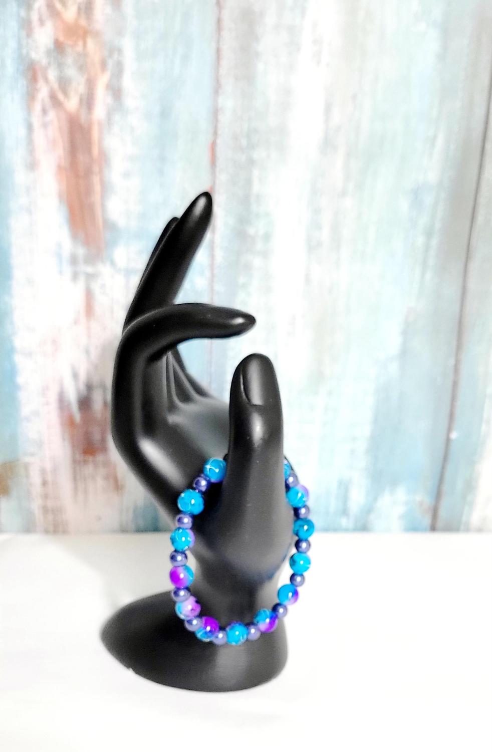 Hand crafted purple and blue acrylic bead and purple glass beaded bracelet