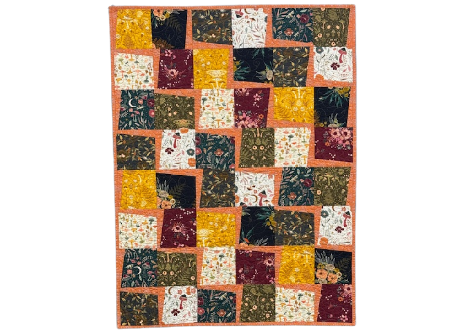 Woodland Whimsy Quilt – Handmade Autumn Mushroom & Floral Throw, Cozy Fall Lap Blanket 34.5" x 45", Nature Inspired One of a Kind Quilt