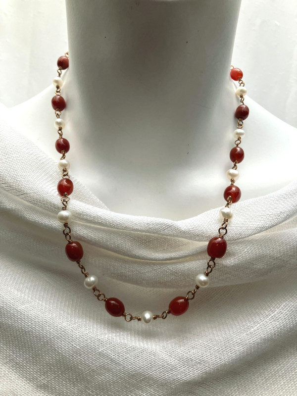 Carnelian and Freshwater Pearl Bronze Ancient Roman Style Necklace