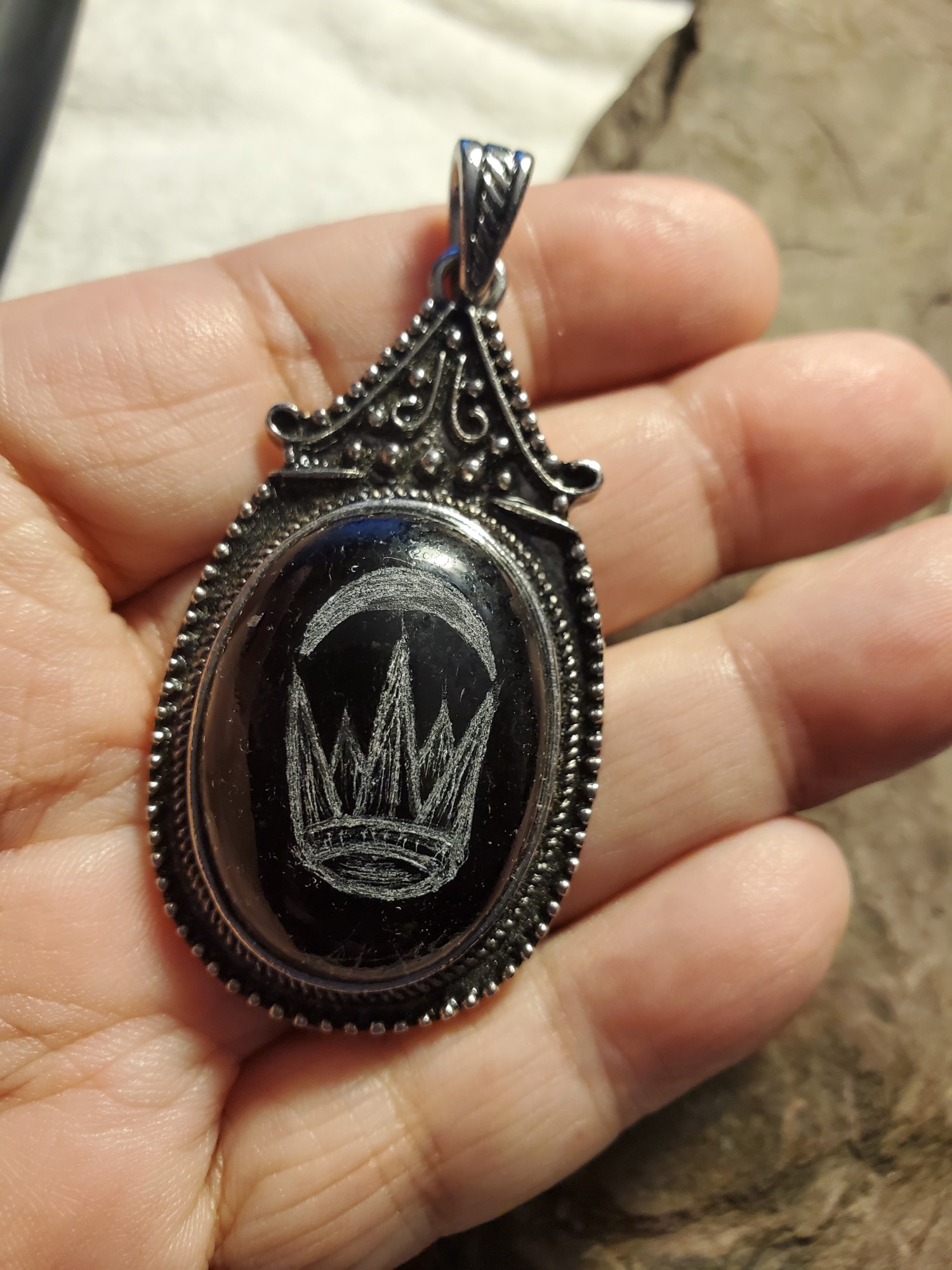 Silver Crescent East Kingdom, Intaglio Onyx in Tibetan Silver
