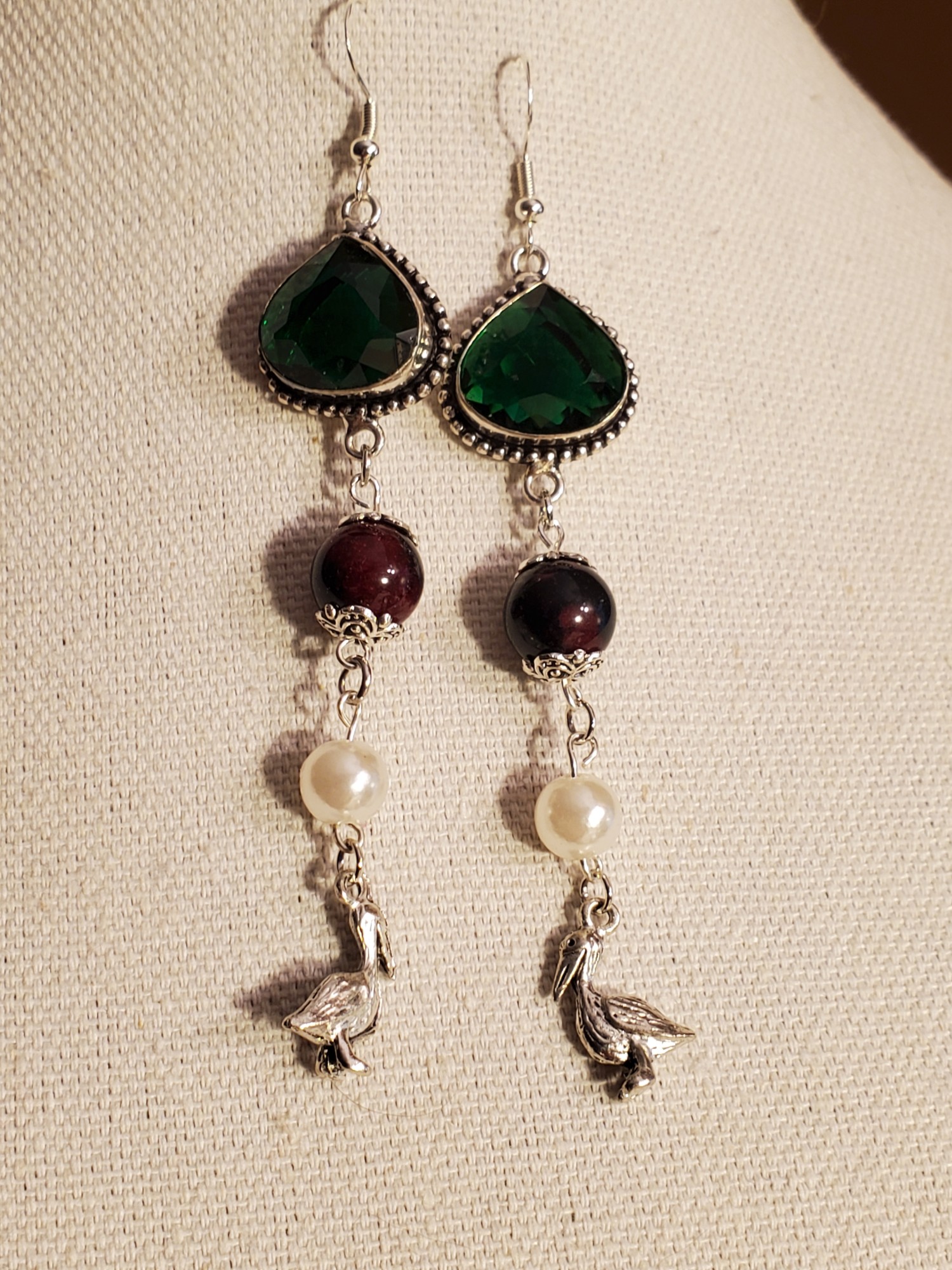 Pelican Emerald Glass Sterling Ear Rings