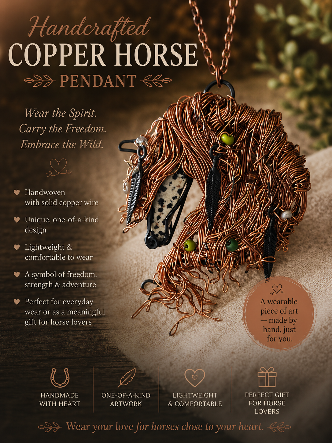 "Spirit Dancer" – Handcrafted Copper Wire Horse pendant "