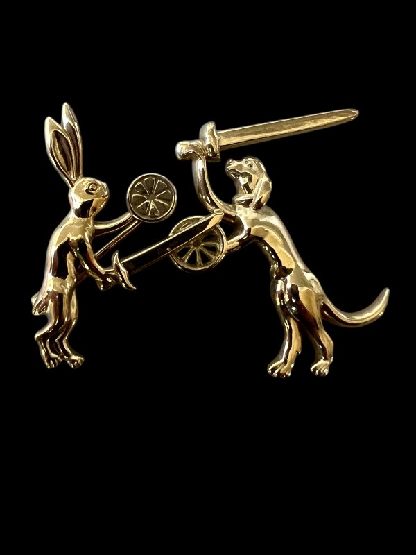 Battle Bunny #19 - 13th century - Bunny Versus Dog Sword and Buckler - Medieval-Style Pin - Bestiary