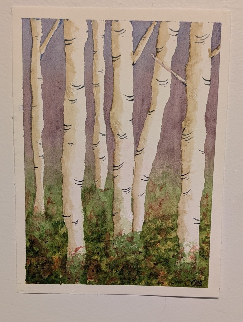 Sunset Birch Trees Watercolor Painting