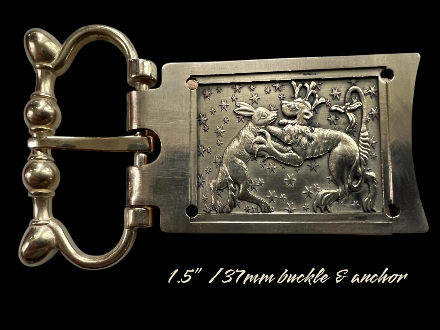 1.5" wide Medici-style buckle with custom carved 13th c bunny v lion panel