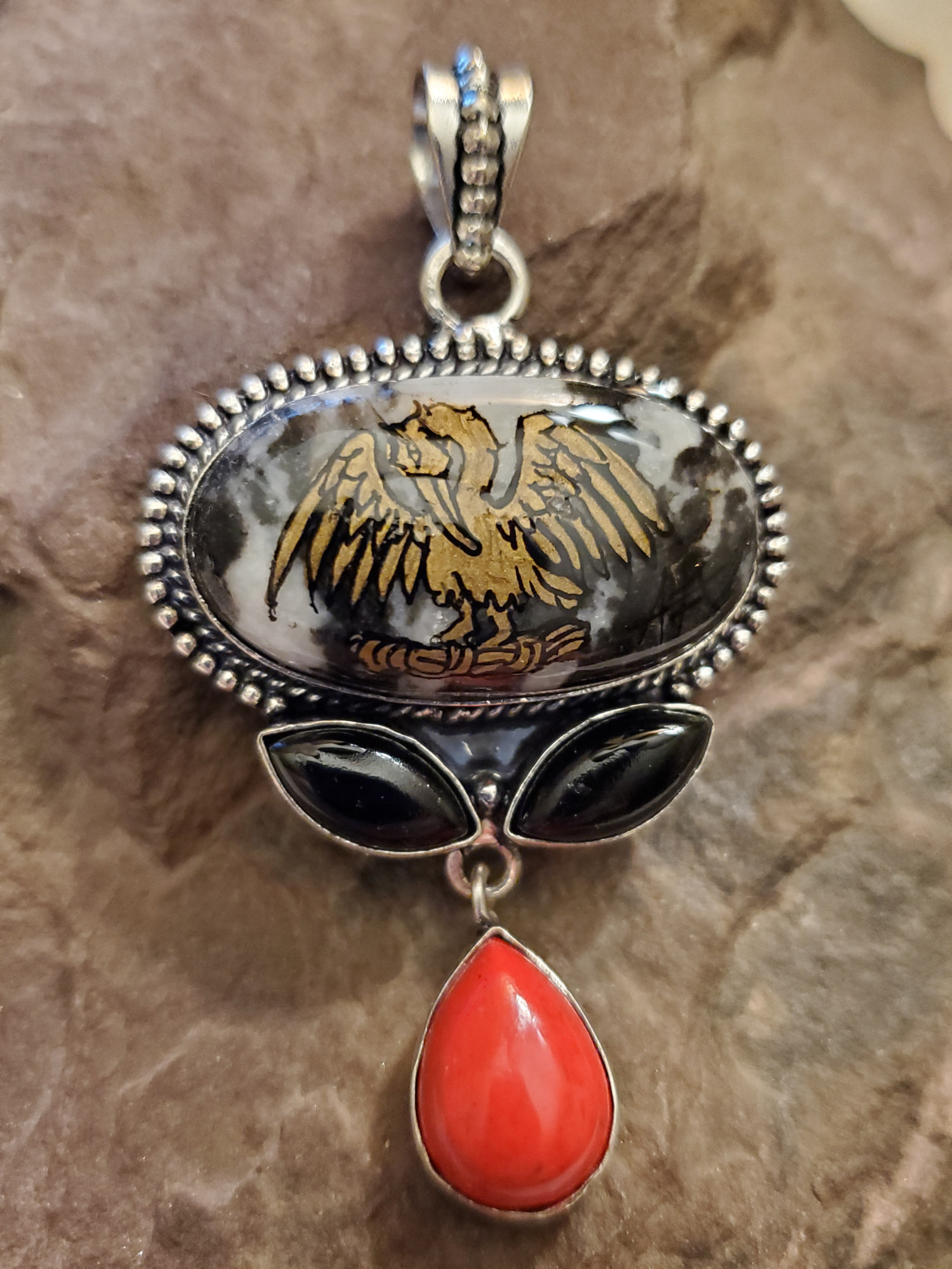 Pelican Buffalo Turquoise Onyx Coral Pendant