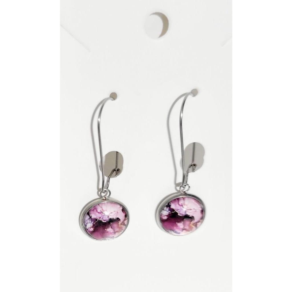 Handmade purple watercolor cabochon latch hook dangle drop earrings