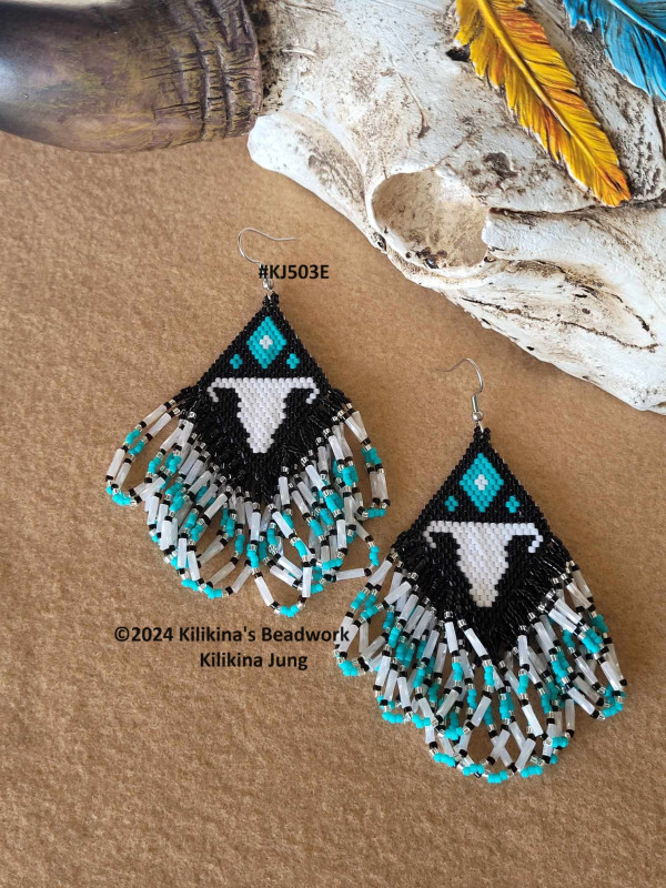 Bull Skull Earrings - Native American Style Beaded Bull Skull Earrings - Made by Kilikina