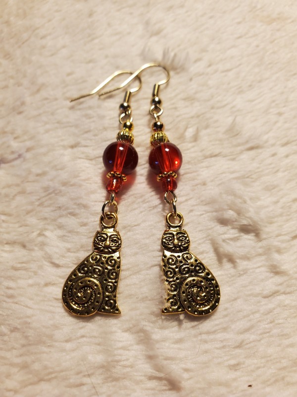 Mother of Cats Ear Rings Red Glass