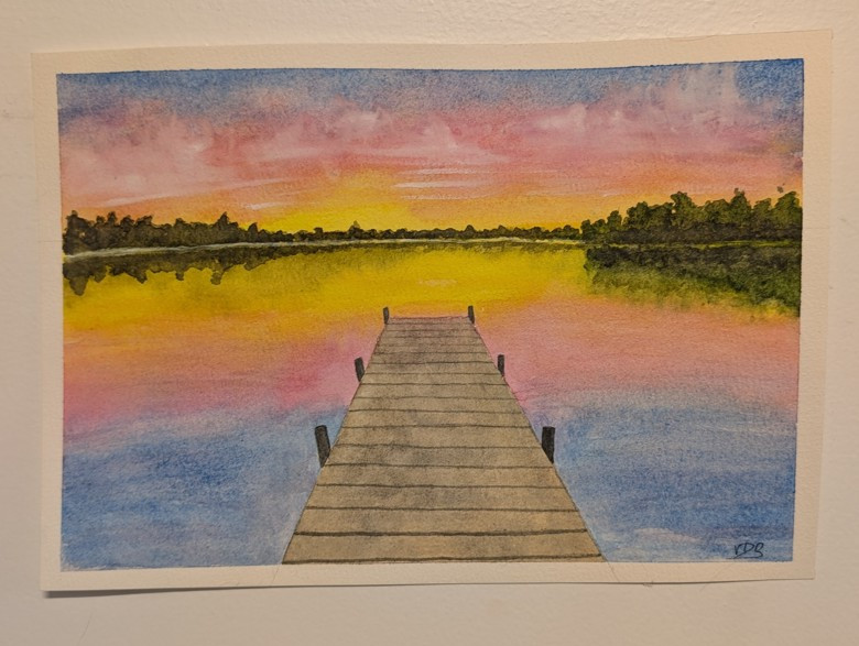 Lakeside Sunset Watercolor Painting